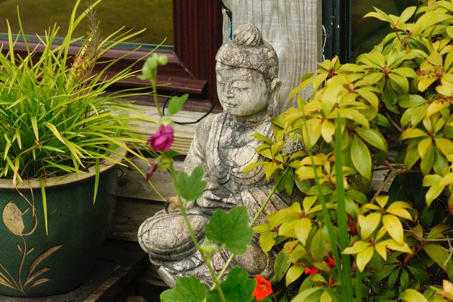 Eine steinerne Buddhafigur sitzt zwischen Kübelpflanzen und blühenden Stauden im Garten
